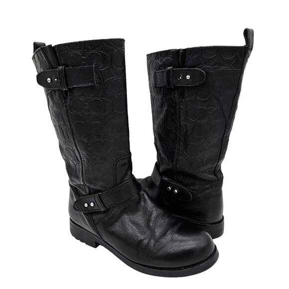 Coach Virginia Womens Leather Embossed Monogram Riding Boots 8 Black Moto Biker - Picture 1 of 16